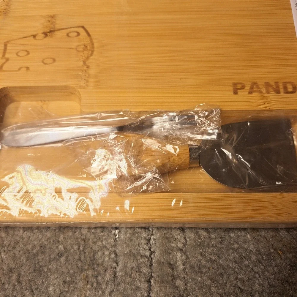 PANDPAL REVERSIBLE BAMBOO BOARD CHEESE CUTTING SERVING KNIVES/BOWLS/FORKS SEALED